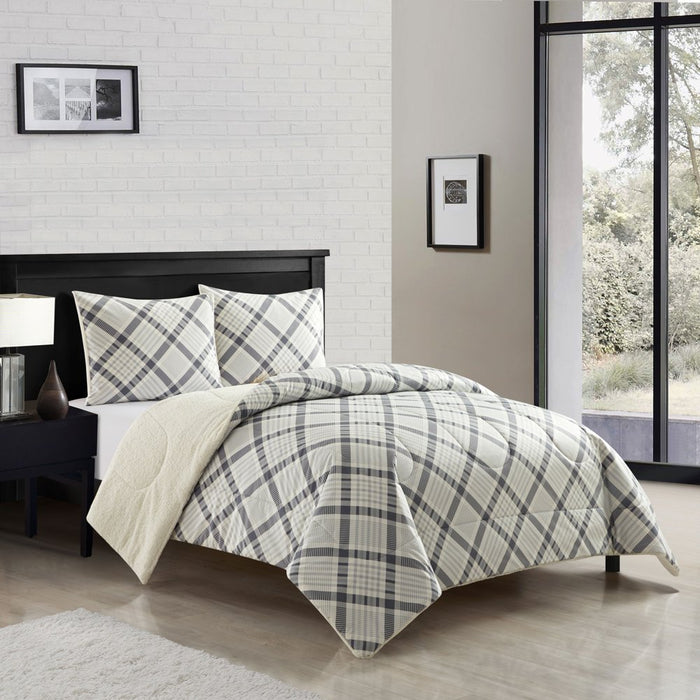Mainstays Reverse to Sherpa Comforter Set King Polyester, Gray Plaid