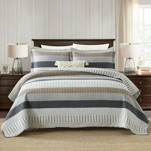 Quilt Queen Size, Queen Quilt Set, Cotton Quilt, Grey Striped Queen Quilt Bedding Set Bedspreads, Reversible Lightweight Quilt Bedspread Set for All Season, 3-Piece