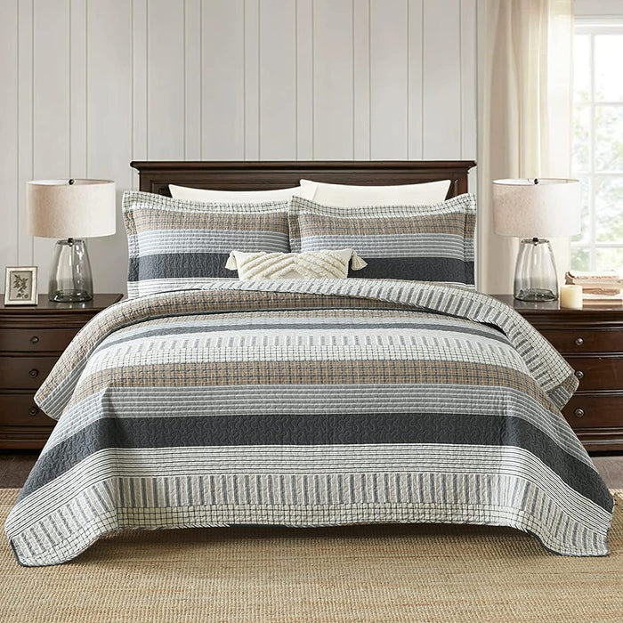 Quilt Queen Size, Queen Quilt Set, Cotton Quilt, Grey Striped Queen Quilt Bedding Set Bedspreads, Reversible Lightweight Quilt Bedspread Set for All Season, 3-Piece