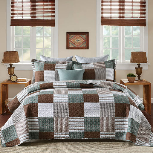 100% Cotton Quilt Set Queen Size, Patchwork Plaid Queen Quilt Bedding Set Bedspreads, Farmhouse Lightweight Comforter Reversible Quilt, Brown/Green Bed Spread for Queen Bed, 3 Pieces