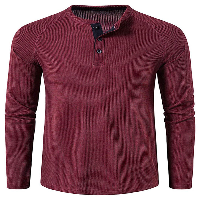 Mens Fashion Waffle T Shirts Henley Neck Solid Color Pullover Work Long Sleeve T-Shirt Red Wine L