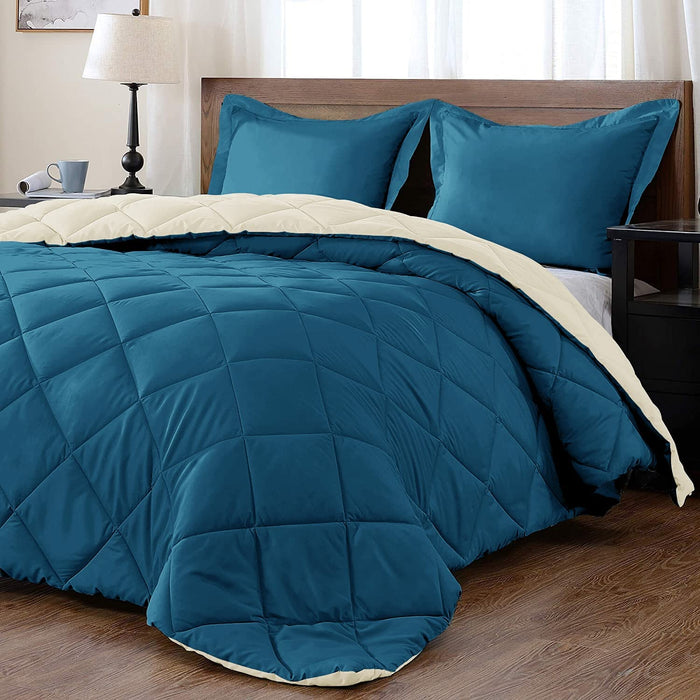 Lightweight Solid Comforter Set (King) with 2 Pillow Shams - 3-Piece Set - Teal Blue and White - down Alternative Reversible Comforter