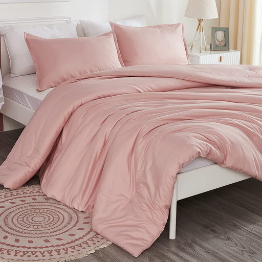 Pink Comforter Set Full Size for Girls, 3 Pieces Blush Women Plain Bedding Set & Collections, All Season Bed Set (79X90In Comforter & 2 Pillowcases)