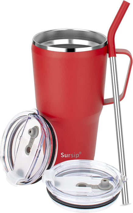 40Oz Insulated Tumbler with Handle,Stainless Steel Vacuum Mug with Lid and Straw,Maintains Cold and Heat for Hours,Sweat Proof/Leak Proof/Dishwasher Safe,Car Holder Cups-Green&Pink