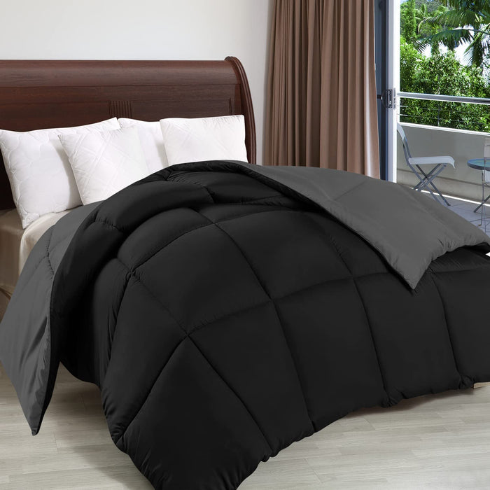 Comforter Duvet Insert - Quilted Comforter with Corner Tabs - Box Stitched down Alternative Comforter (Black/Grey, King)