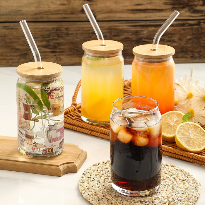 [ 6Pcs Set ] Glass Cups with Bamboo Lids and Glass Straw - Beer Can Shaped Drinking Glasses, 16 Oz Iced Coffee Glasses, Cute Tumbler Cup for Smoothie, Boba Tea, Whiskey, Water - 2 Cleaning Brushes