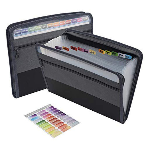 Expanding File Folder with Sticky Labels, 13 Pocket Accordion File Folder Document Organizer Expanding Zip File Folder with Zipper Closure?Letter A4 Paper Document Accordion Folder, Black