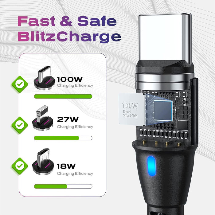 360 Pro Magnetic Charging Cable 100W Fast Charge Type C and Micro USB Magnet Connectors, 100 W Magnetic Charge Cable 6Ft / 2M, Data Transfer Capable, Compatible with All Devices