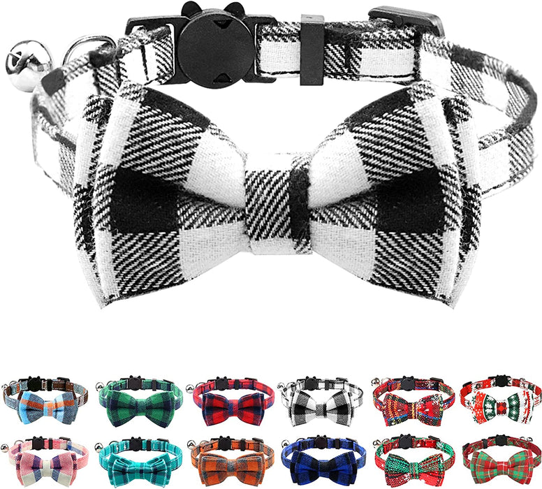 Breakaway Cat Collar with Cute Bow Tie and Bell, Plaid Patterns, 1 Pack Girl Boy Kitty Safety Collars, Blue