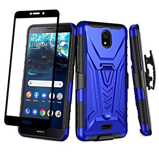 for Nokia C100 Case Kickstand with Tempered Glass Screen Protector Shock Proof Hybrid Cover with Phone Belt Clip Holster - Blue