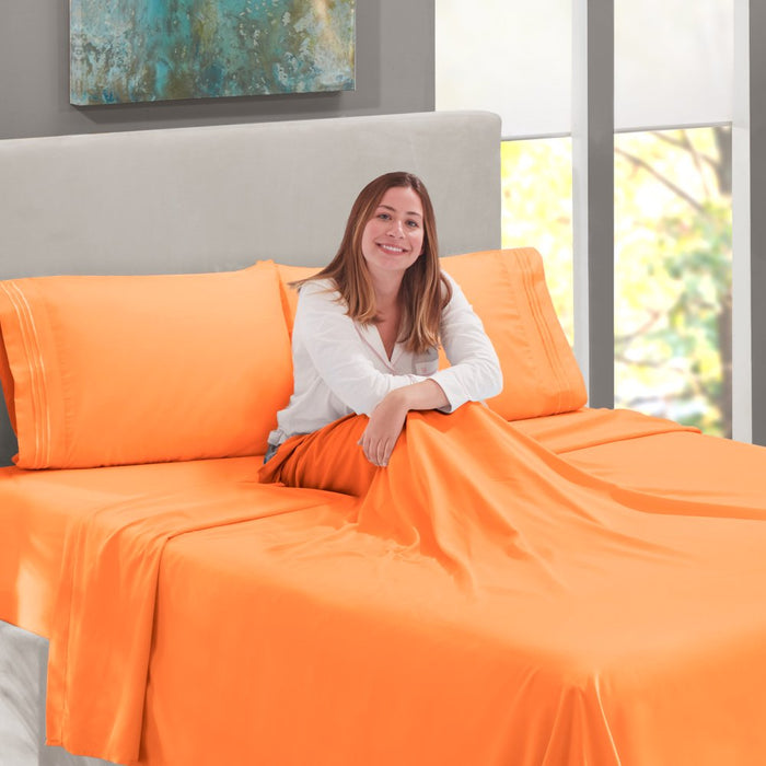 Twin XL Size Deep Pocket 3 Piece Bed Sheets Set, 1800 Series Hotel Luxury Soft Double Brushed Microfiber, Cool & Breathable, Wrinkle Free, Easy Care, Apricot Orange