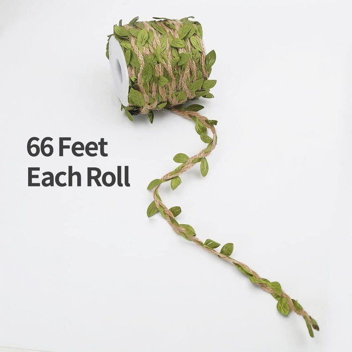 66Ft Natural Jute Twine, 5MM Burlap Leaf Ribbon with Artificial Vine Green Leaves for Wedding Home Garden Jungle Safari Party Decorations