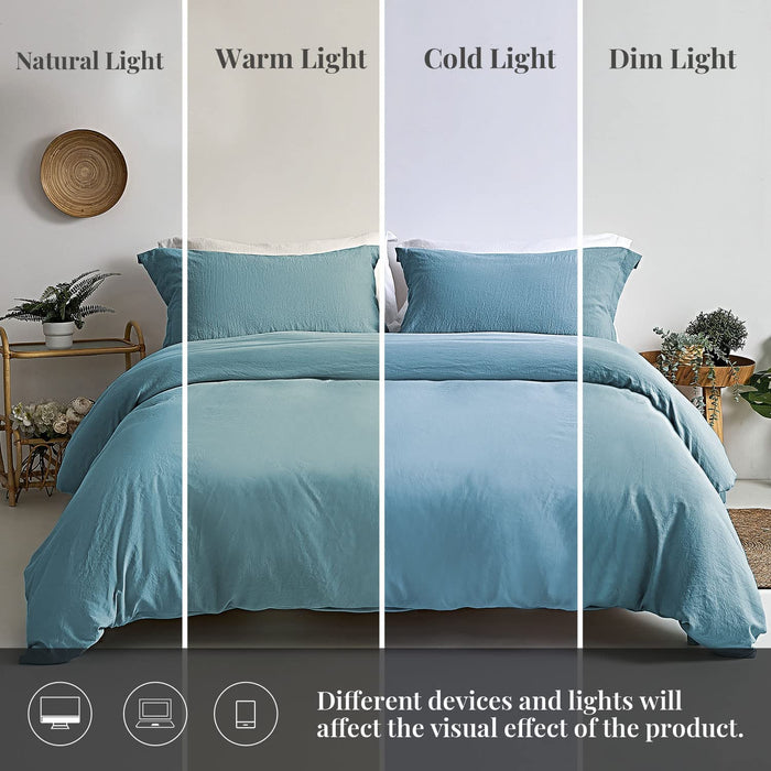 Duvet Cover Queen Size - Super Soft Grayish Blue Duvet Cover Set 3 Piece 100% Washed Microfiber Bedding Set with Zipper Closure, 1 Comforter Cover 90X90 Inches and 2 Pillow Shams