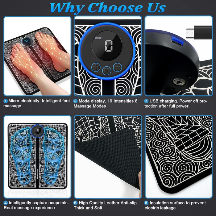 Foot Massager Mat - Foot Massager Pad for Pain Plantar Relief, Muscle Relaxation, Foldable Legs & Feet Massager with 8 Modes, 19 Levels - Intelligent Wireless Fitness Apparatus Model AST-301