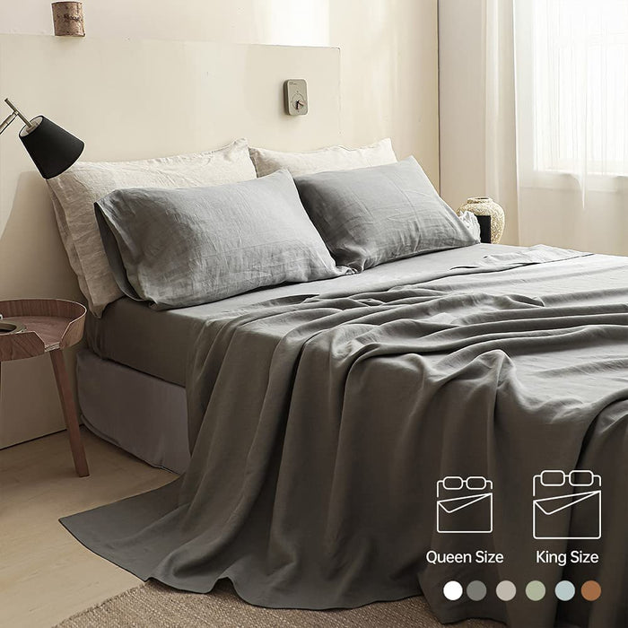 Simple&Opulence 100% Linen Sheet Set Solid Color-4 Pcs Washed French Linen Bed Sheets(1 Flat Sheet,1 Fitted Sheet,2 Pillowcases)-Breathable Bedding Set (Grey, Queen)