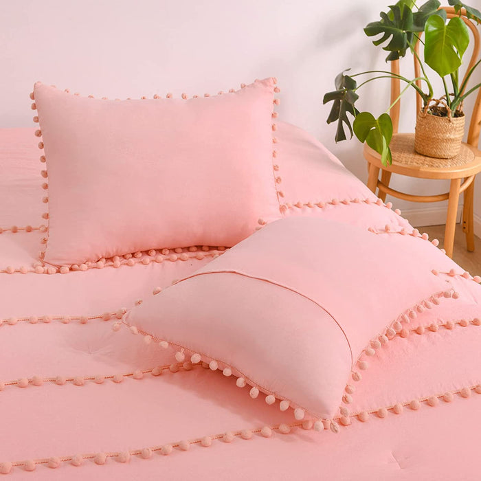 Pink King Size Comforter Set, Boho Bedding Pom Pom Bed Comforter King Set for All Season 3 Pieces