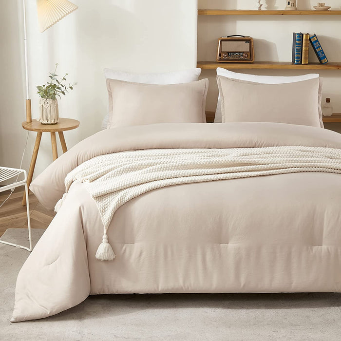 Khaki Comforter Set Full Size, 3 Pieces Farmhouse Solid Bedding Set & Collections, Taupe Bed Set (79X90In Comforter & 2 Pillowcases)
