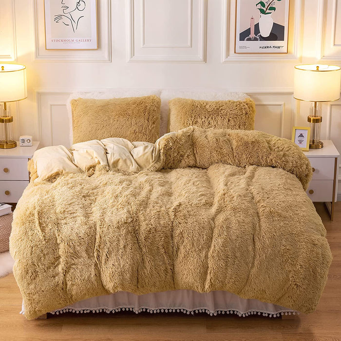 Plush Fluffy Duvet Cover Oeko-Tex Certified Luxury Ultra Soft Shaggy Crystal Velvet Bedding Set 3 Pieces(1 Duvet Cover + 2 Pillow Shams) Zipper Closure(Queen, Camel)