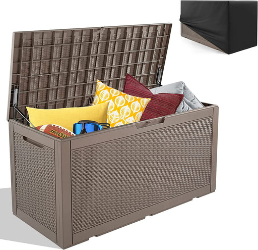COSVALVE 100 Gallon Deck Box, Large Resin Outdoor Storage Box, Patio Garden Furniture with Oxford Waterproof Dust Cover for Outdoor Cushions & Pillows, Pool Toys, Garden Tools,Sports Equipment(Brown)