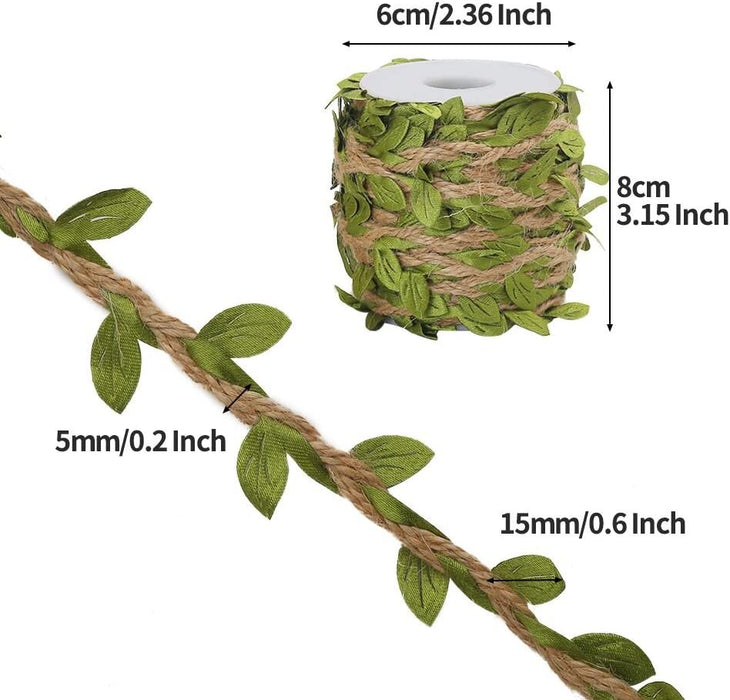 66Ft Natural Jute Twine, 5MM Burlap Leaf Ribbon with Artificial Vine Green Leaves for Wedding Home Garden Jungle Safari Party Decorations