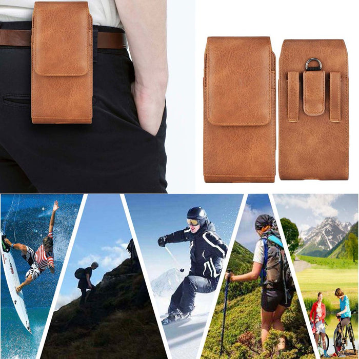 Universal Cell Phone Belt Holster Case,  Vertical Leather Belt Clip Pouch Hybrid Carrying Case W/ Snap on Cover for Cellphone up to 6.7" -Brown