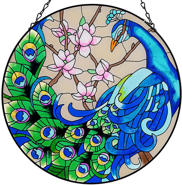 12" Garden Peacock Handmade Painted Stained Glass Wall Window Decorative Hangings Suncatcher Panel with Chain