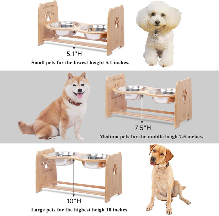 Raised Pet Bowls for Cats and Dogs, Adjustable Bamboo Elevated Dog Cat Food and Water Bowls Stand Feeder with 2 Stainless Steel Bowls and anti Slip Feet (Height 5.1" to 7.5" to 10")
