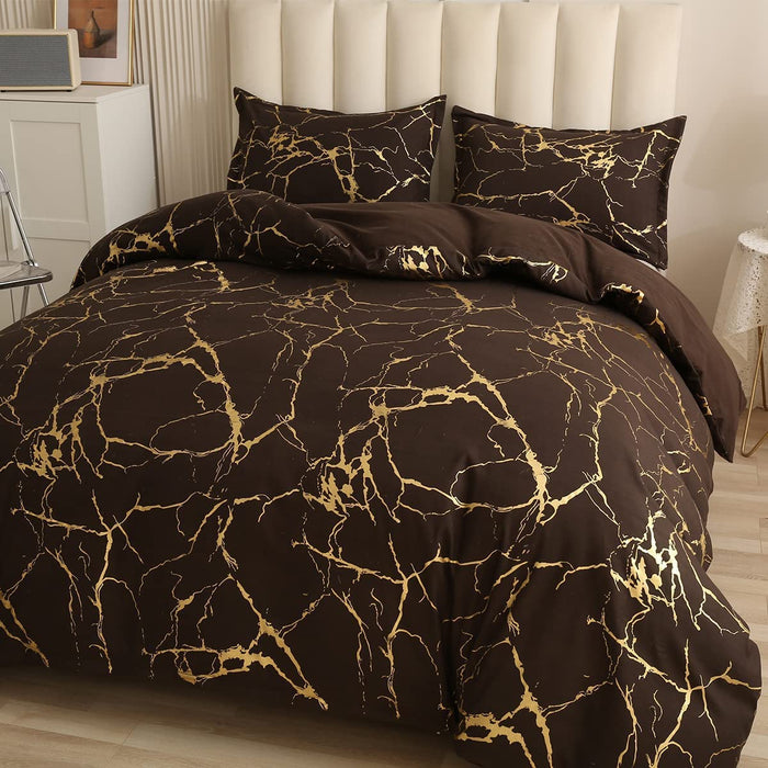 Gold Metallic Marble Comforter Set Queen Size Foil Print Glitter Bedding Sets,Coffee/Gold,Queen
