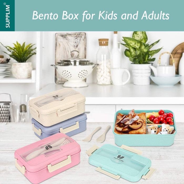 Bento Box for Kids Adults Lunch Box with 3 Compartment,Wheat Fiber Leak Proof Food Container with Spoon & Fork,1200Ml Lunch Boxes Containers for Men Women (Model2-Blue)