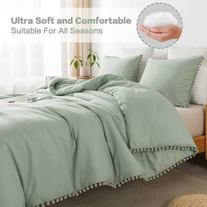 Sage Green Pom Pom Fringe Comforter Full(79X90 Inch), 3 Pieces(1 Boho Comforter and 2 Pillowcases) Aesthetic Ball Pom Comforter, Lightweight Soft Microfiber down Alternative Bedding Set
