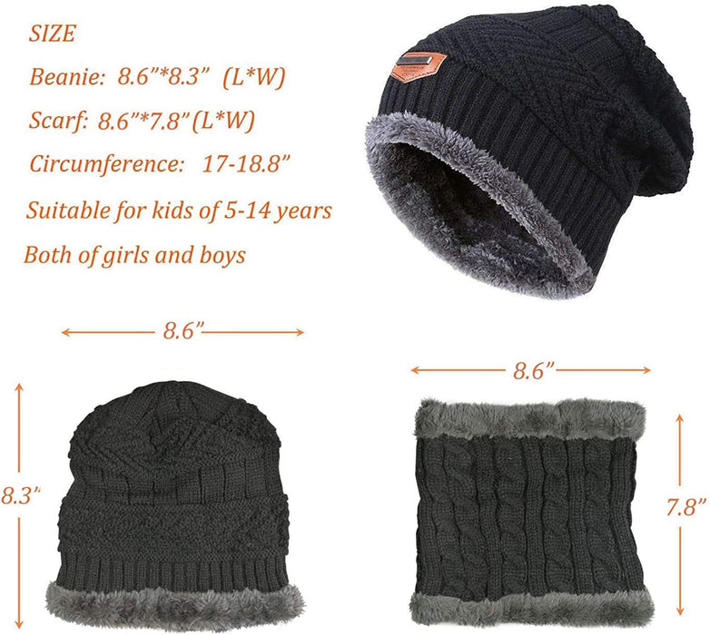 Kids Winter Hat and Scarf Set, 2Pcs Warm Knit Beanie Cap and Scarf for 5-14 Years Old