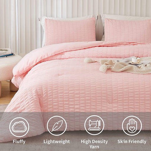 Blush Pink Seersucker Queen Comforter Set (90X90 Inches), 3 Pieces - 100% Soft Washed Microfiber Lightweight Comforter with 2 Pillowcases, All Season down Alternative Comforter Set for Bedding