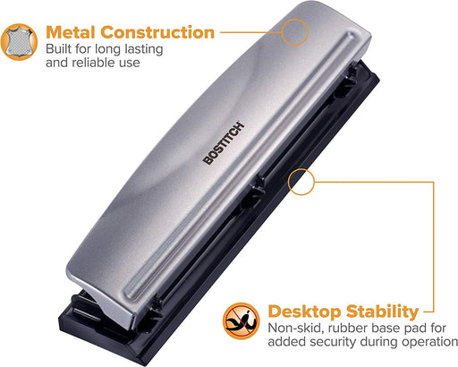 Bostitch Office 3 Hole Punch, 12 Sheet Capacity, All-Metal, Silver