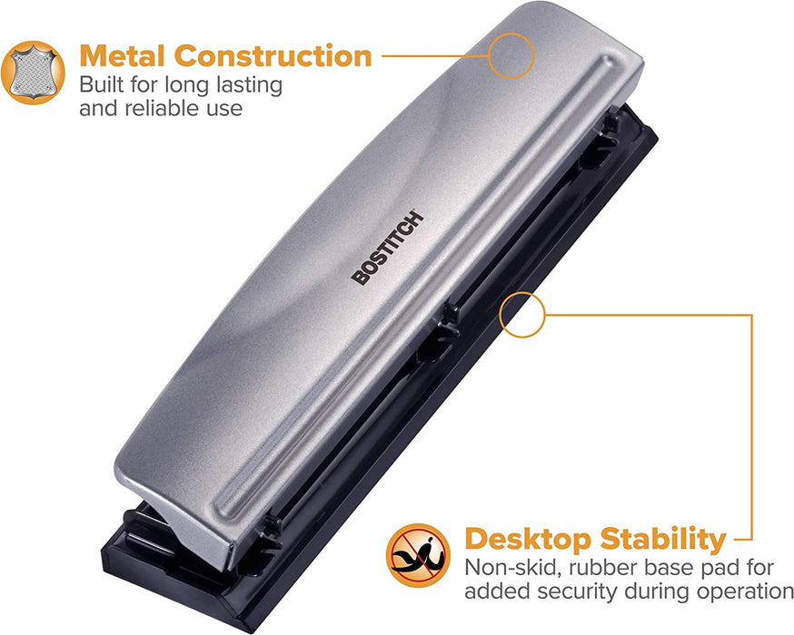 Bostitch Office 3 Hole Punch, 12 Sheet Capacity, All-Metal, Silver