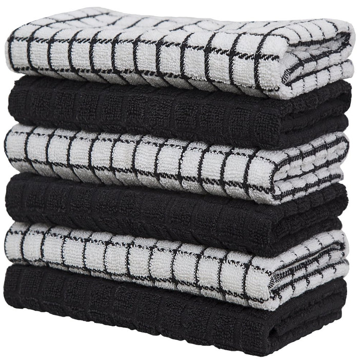 Premium Kitchen Towels (16”X 28”, 6 Pack) – Large Cotton Kitchen Hand Towels – Chef Weave Design – 380 GSM Highly Absorbent Tea Towels Set with Hanging Loop – Black
