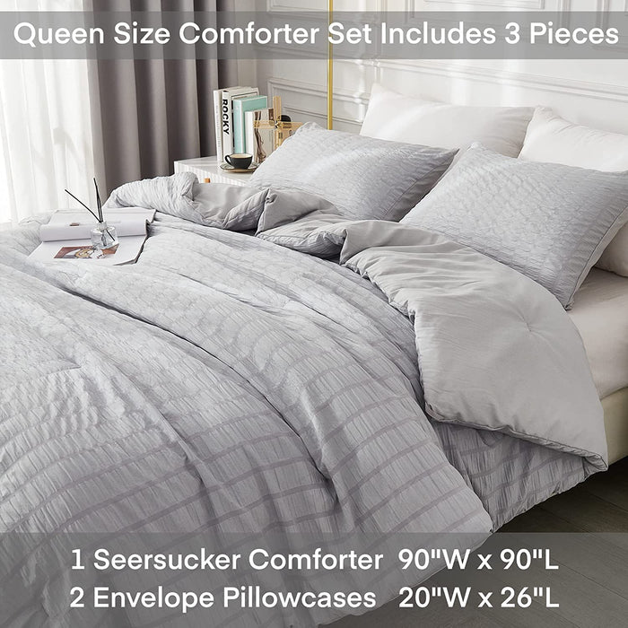 Seersucker Queen Comforter Set (90X90 Inches), 3 Pieces - 100% Soft Washed Microfiber Lightweight Comforter with 2 Pillowcases, All Season down Alternative Comforter Set for Bedding, Light Gray