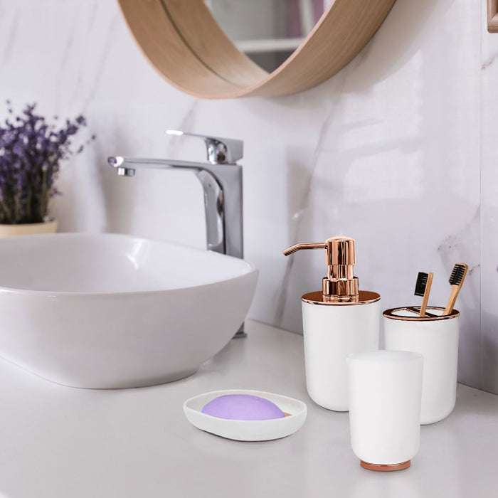 Bathroom Accessories Set, Toothbrush Holder, Soap Dispenser, Rose Gold and White, 4 Piece