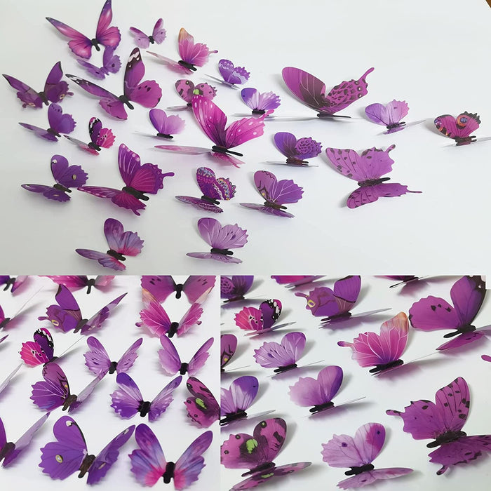 Butterfly Wall Decals 24PCS Room Decor Wall Art 3D Butterflies Mural Sticker Home Decoration Kid Girl Bedroom Bathroom Nursery Classroom Office Party Removable Decorative (Purple)