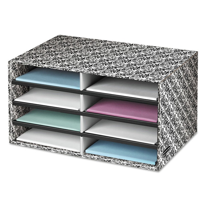 Decorative Eight Compartment Literature Sorter, Letter, Black/White Brocade Design (6171301)