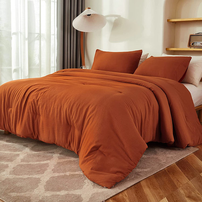 Boho Comforter Full Size Set Burnt Orange, 3 Pieces Bed Solid Terracotta Lightweight Bedding Comforter Set, Rust Fluffy Winter Quilted Blanket Set (79X90In Comforter & 2 Pillowcases)