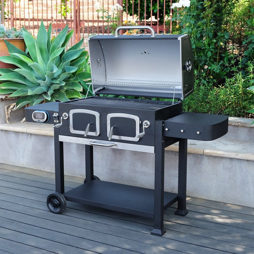 Kenmore 32-Inch Smart Charcoal Grill with Bluetooth Meat Thermometer, LCD Display, and Temperature Probes, Black/Stainless Steel