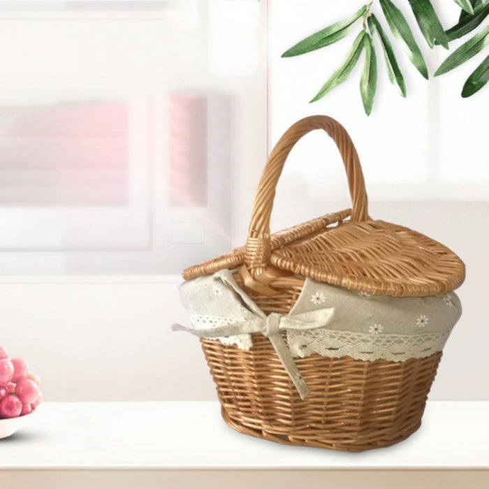 Handmade Woven Rattan Basket with Handle and Double Lids Camping Piic Food Storage Container Organizer