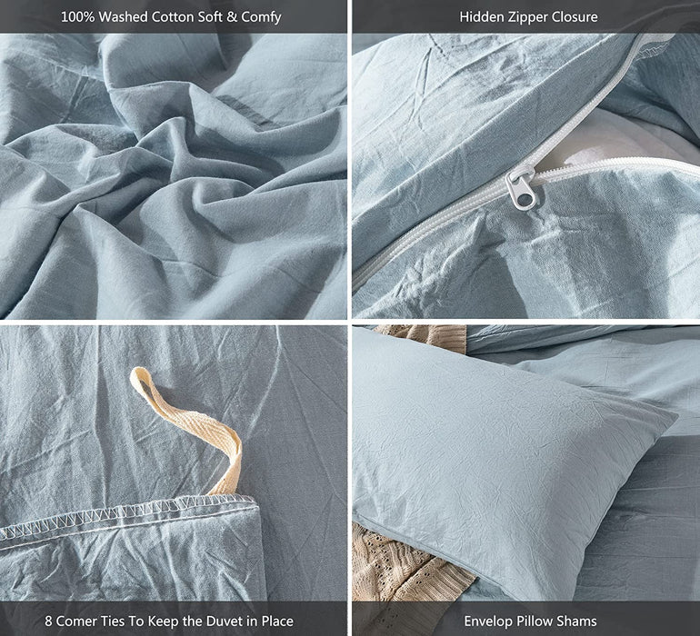 Bedding Duvet Cover Set 100% Washed Cotton Linen like Textured Breathable Durable Soft Comfy (Cornflower Blue, Queen)