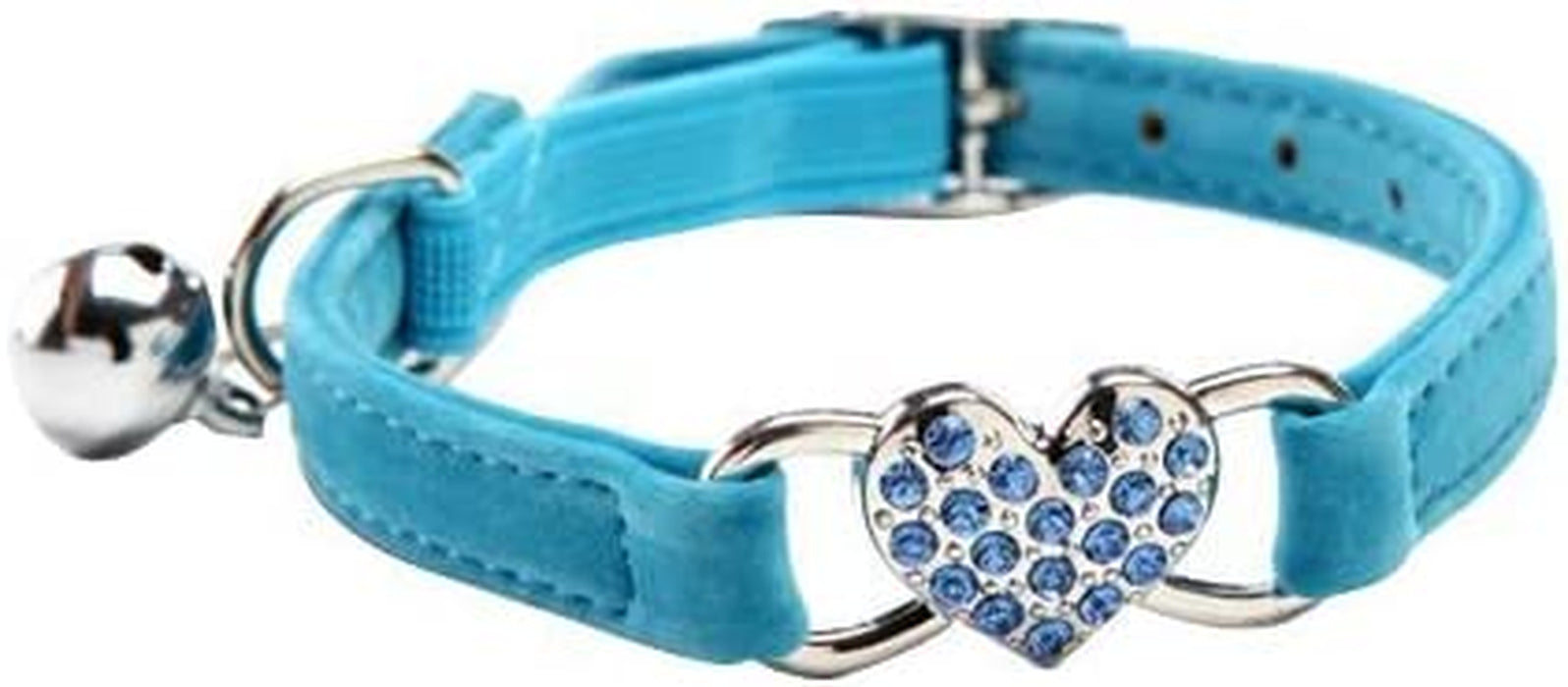 Pink Soft Velvet Safe Cat Adjustable Collar with Crystal Heart Charm and Bells 8-11 Inches(Black+Red+Pink+Blue)