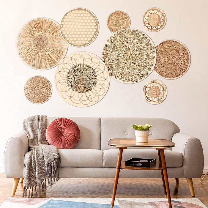 9 Pcs Boho Basket Wall Decals round Modern Peel and Stick Removable Decal Adhesive Nursery Decor for Bedroom Living Room Office Wall, Just Stickers (Retro Style)