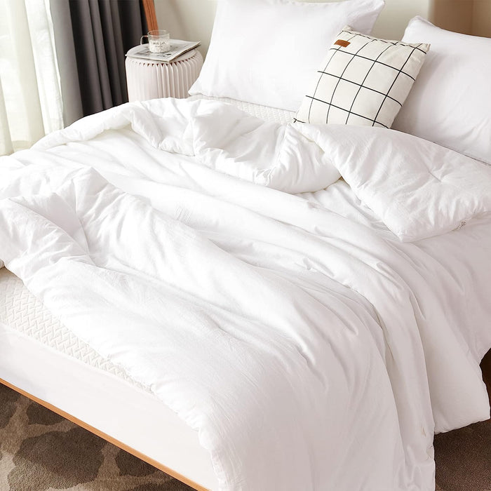 White Comforter Full Size, 3 Pieces Boho Lightweight Solid Bedding Set & Collections, All Season Fluffy Bed Set (79X90In Comforter & 2 Pillowcases)