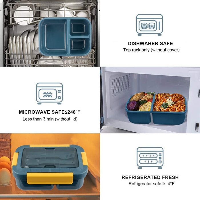 Bento Box, Bento Box for Adults, 49 OZ 3 Compartments Bento Lunch Box with Spoon & Fork, Leakproof Bento Box, Microwave Safe
