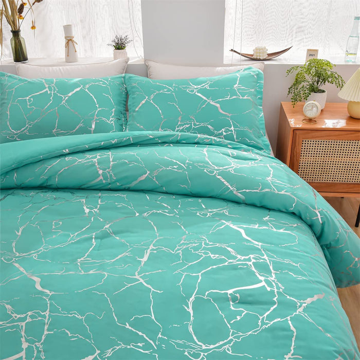 Silver Metallic Marble Comforter Set Queen Size Foil Print Glitter Bedding Set, Aqua/Silver