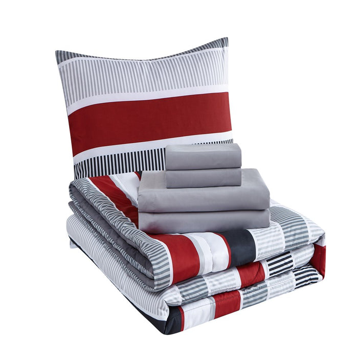 Mainstays Red and Gray Stripe 8 Piece Bed in a Bag Comforter Set with Sheets, King