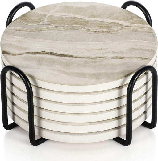Drink Coasters with Holder, Absorbent Coaster Sets of 6, Marble Style Ceramic Drink Coaster for Tabletop Protection,Suitable for Kinds of Cups, Wooden Table, Cool Home Decor, 4 Inches